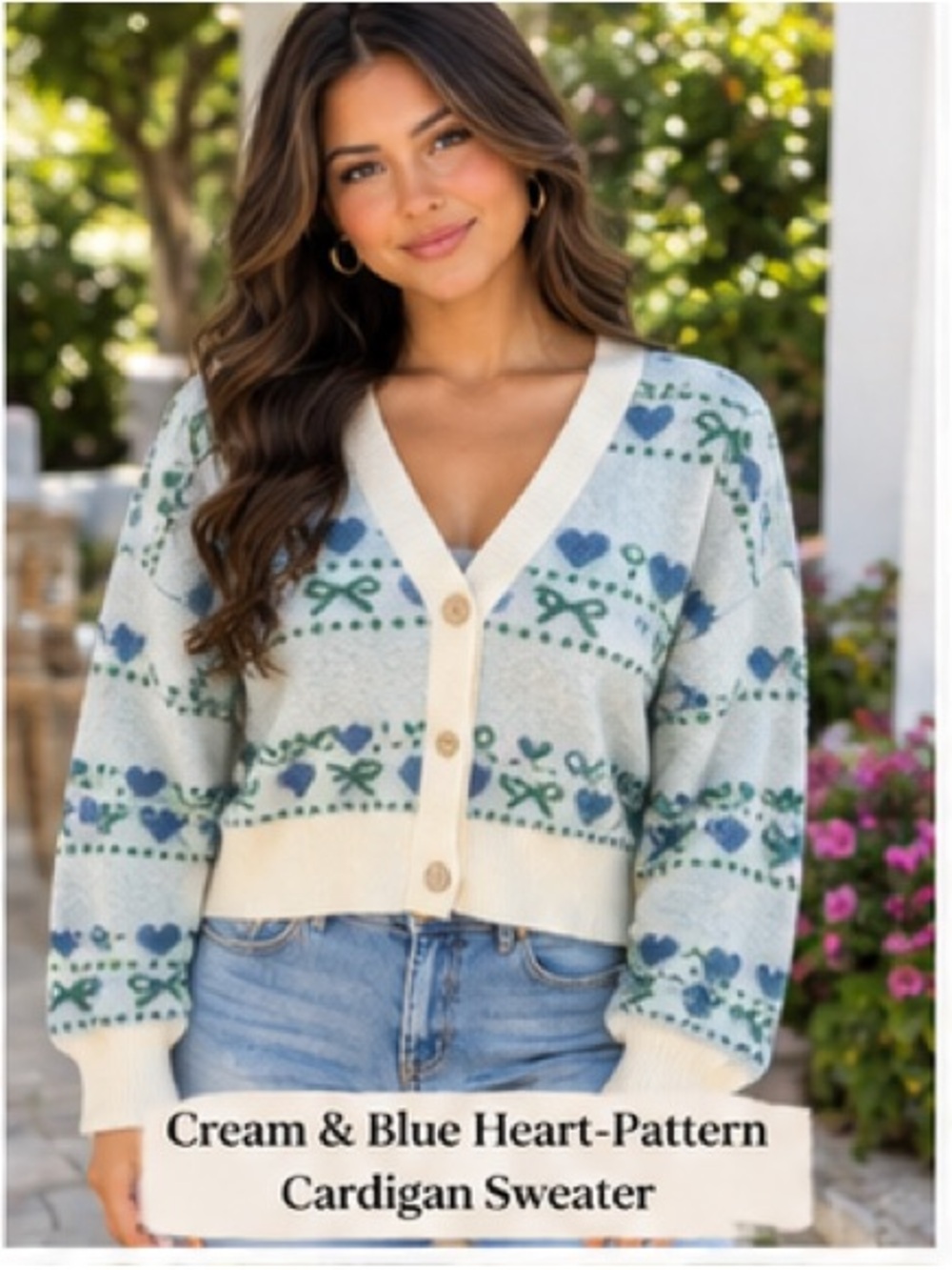 Cream and Blue Heart-Pattern V-Neck Cardigan Sweater